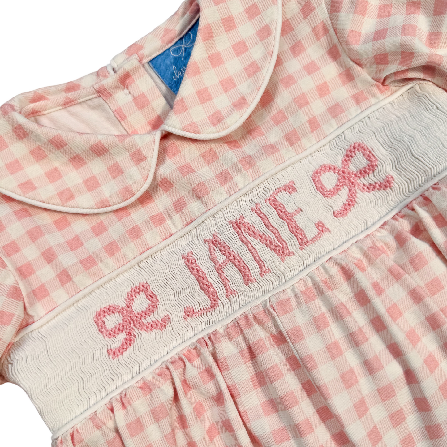 Preorder 02: Bow Pink Gingham Custom Name Smock Romper