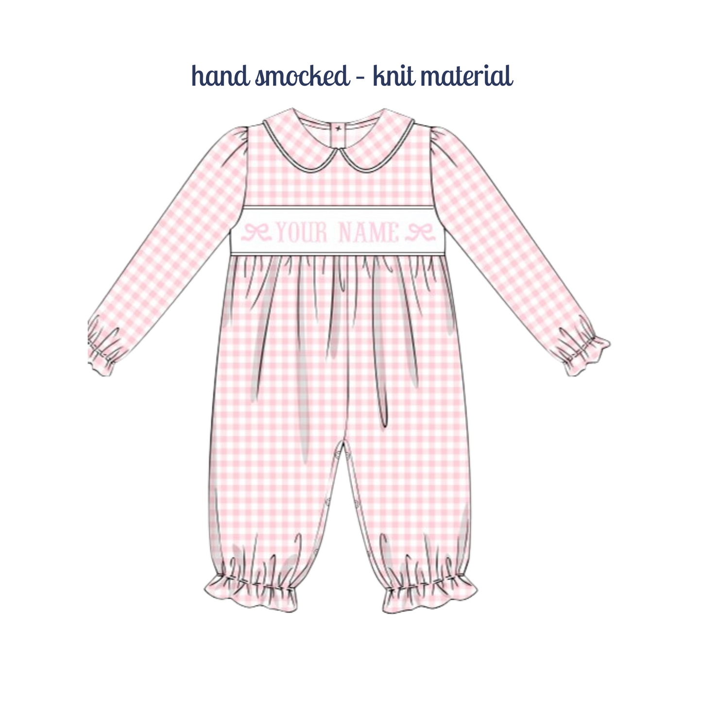 Preorder 02: Bow Pink Gingham Custom Name Smock Romper