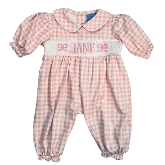 Preorder 02: Bow Pink Gingham Custom Name Smock Romper