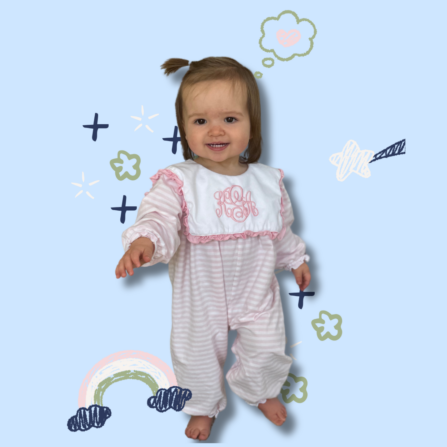 Preorder 02: Pink Stripe Custom Name Embroidered Romper